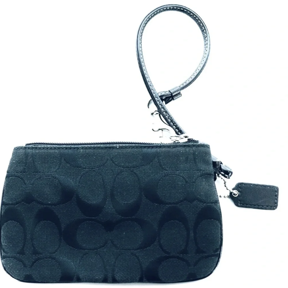 COACH Black Canvas Wristlet Signature Monogram Leather Trim Mini Pouch